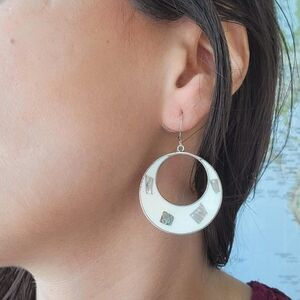 Vintage Silver Alpaca Mexican Abalone White Geometric Hoop Drop Earrings